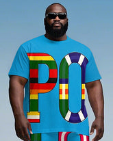 Men's Big Size Fashion Colorful Splicing Letter POLO Printed Short Sleeve T-shirt Shorts Set